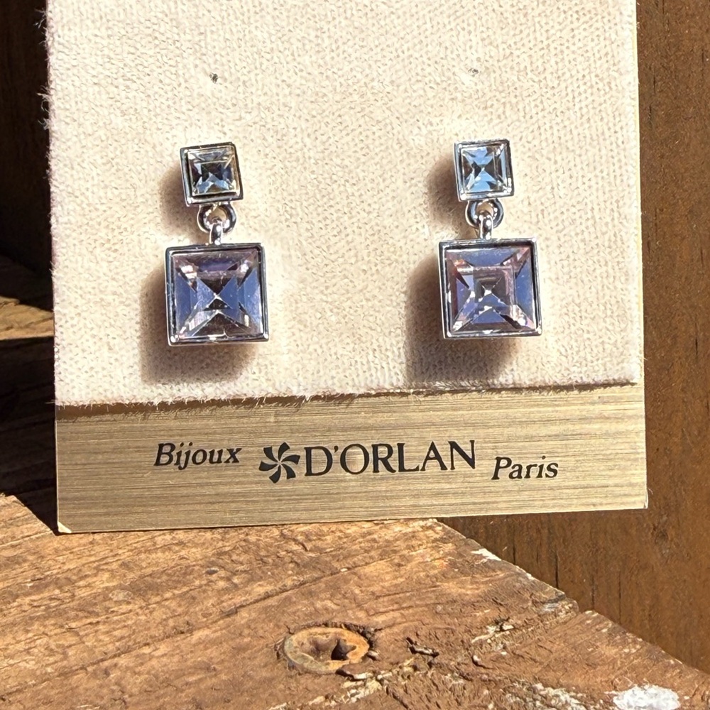 NWT D'Orlan Paris Vintage Silver Purple Swarovski Square Crystal Dangle Earrings